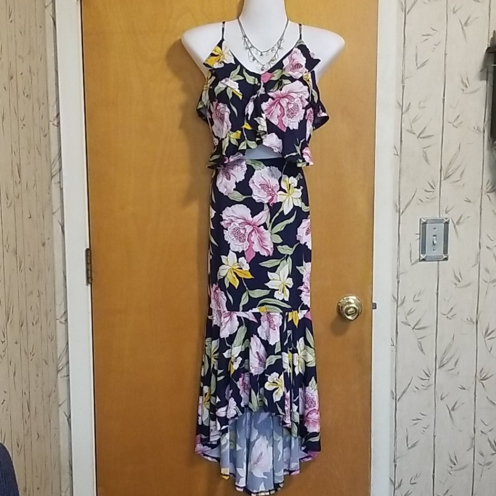 NWT Harmony In Nature 2pc Floral Crop Top High-Low Midi Skirt Set Navy Blue L - Picture 3 of 12